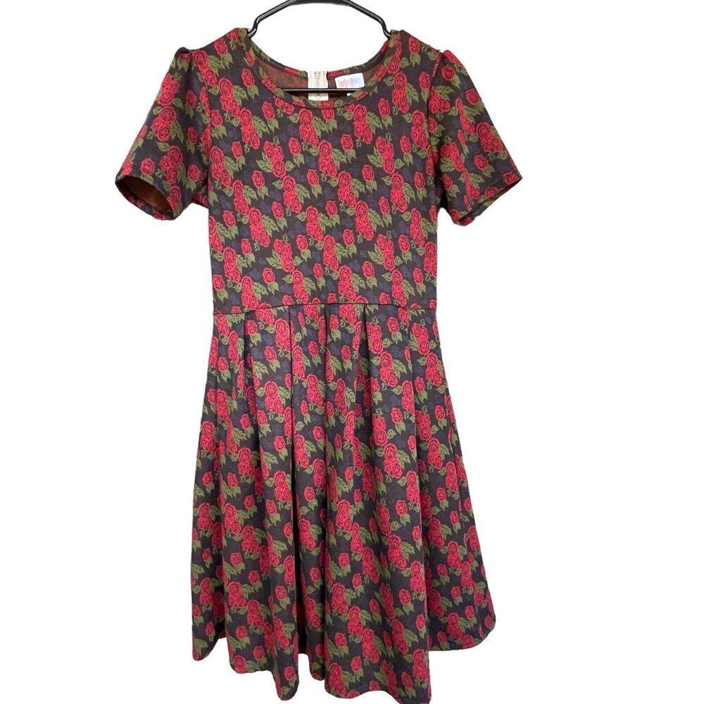 Lularoe Amelia Dress Womens Medium Black Red Blue‎ Roses Fit & Flare Goth Grunge